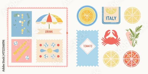 Fototapeta A charming collection of italian summer icons including citrus fruits a crab and beach elements