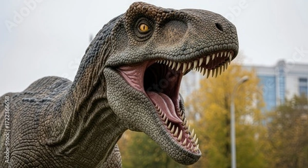Obraz Detailed dinosaur replica with an open mouth and sharp teeth set against a blurred background of trees and a building
