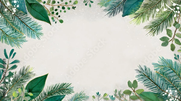 Fototapeta Lush Green Leaves and Botanical Elements Framing Blank Space in a Serene Natural Background