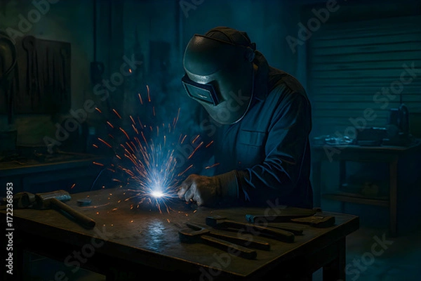 Fototapeta A welder works intently in a dim workshop as bright sparks fly from molten metal casting dramatic light against the dark background with tools scattered on the bench highlighting industrial craft