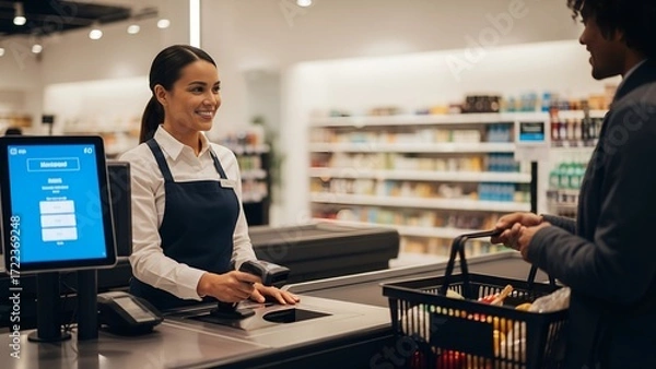 Fototapeta A smiling cashier scans groceries at a bright supermarket counter, customer waiting with basket, symbolizing modern retail service, customer interaction, and digital payment system.
