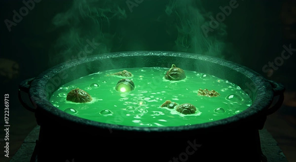 Fototapeta Mysterious Cauldron Bubbling with Vibrant Green Liquid in Dimly Lit Environment
