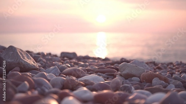 Fototapeta The beautiful sunrise over the sea, with pebbles in the foreground in front of the camera, captures a cinematic scene, and the sky along with the shallow depth of field creates a surreal effect.