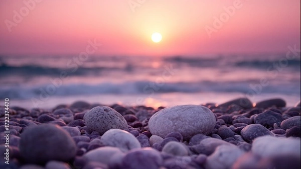 Fototapeta The beautiful sunrise over the sea, with pebbles in the foreground in front of the camera, captures a cinematic scene, and the sky along with the shallow depth of field creates a surreal effect.