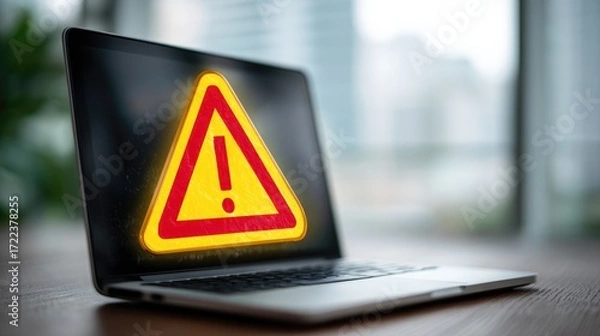 Fototapeta Warning symbol on laptop digital screen. Urgent spam, virus or phishing alert notification icon. Data protection concept