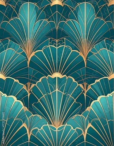 Obraz Teal and Gold Fan Design Pattern