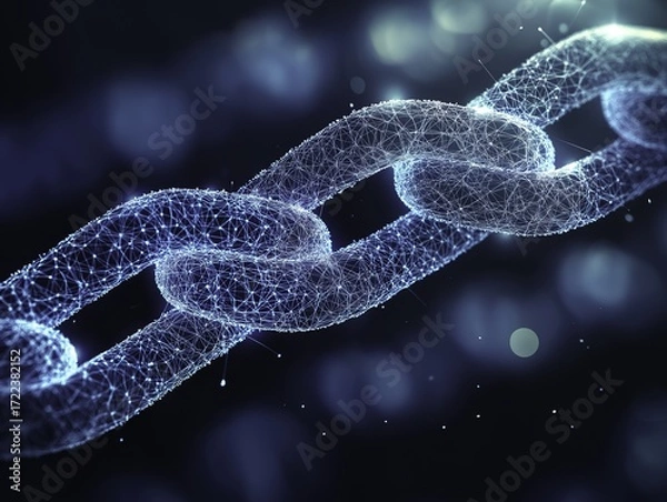 Fototapeta Blue digital chain with one broken glowing link on binary code background