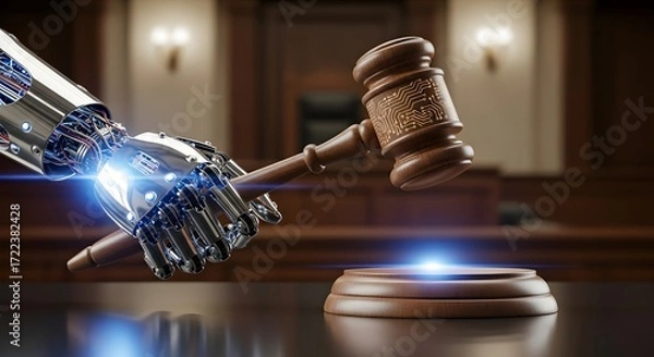 Obraz Digital Justice: An imposing mechanical arm, clutching a gavel, poised within a grand courthouse setting, illustrating the future of legal technology and artificial intelligence.