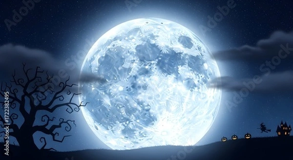 Obraz Halloween Moonlit Spectacle: A captivating image featuring the full moon, under an eerie twilight sky, and haunted houses adding to the spooky atmosphere. Spooky pumpkins.