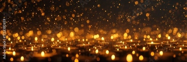 Obraz Panoramic glowing candlelight background with golden bokeh sparkles, creating warm, atmospheric overlay for spiritual, festive, romantic or commemorative design projects