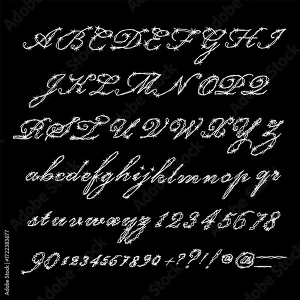 Obraz Stylized calligraphy alphabet made of barbed wire design. The image features uppercase and lowercase letters, numbers, and punctuation crafted to resemble twisted metal wire, giving an edgy, and punk.