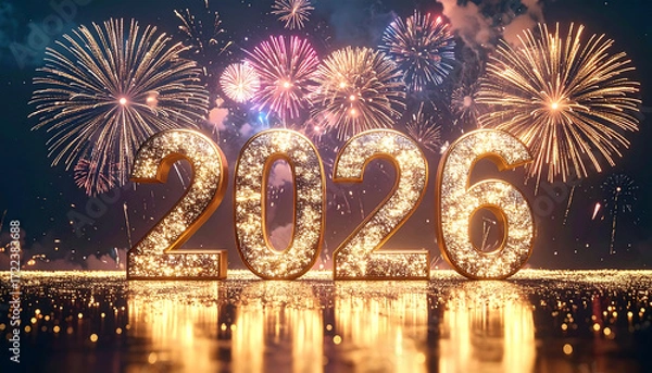 Fototapeta Sparkling 2026 New Year Fireworks Display.