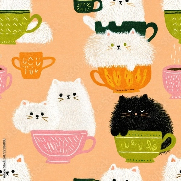 Obraz Cute cats in colorful cups seamless tile pattern design playful environment whimsical concept