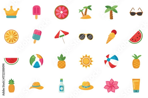 Fototapeta Colorful summer icons depicting tropical fruits beach accessories and sweet treats