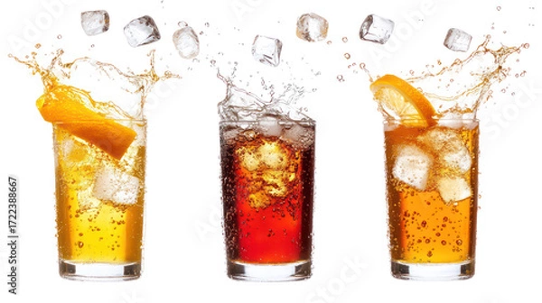 Fototapeta Trio of Soft Drinks — Cola, Orange Soda, and Lemon-Lime Bubbles on Transparent Background