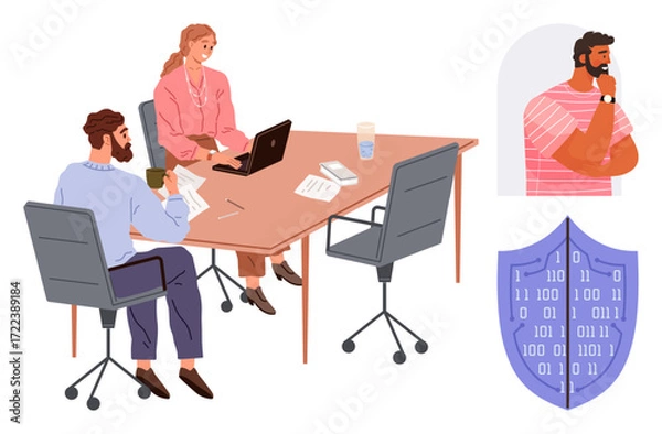 Fototapeta Office team discussing documents at a desk with laptops, a remote colleague communicating, and a shield symbolizing data security. Ideal for teamwork, remote work, cybersecurity, data protection