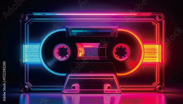Obraz Retro Neon Cassette Tape Glowing in Dark Background