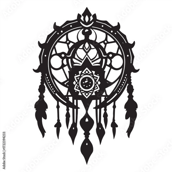 Fototapeta Symbolic traditional tattoo art print, macrame silhouette in vector style, white background, vibrant colors, retro flair, complex ornamental details