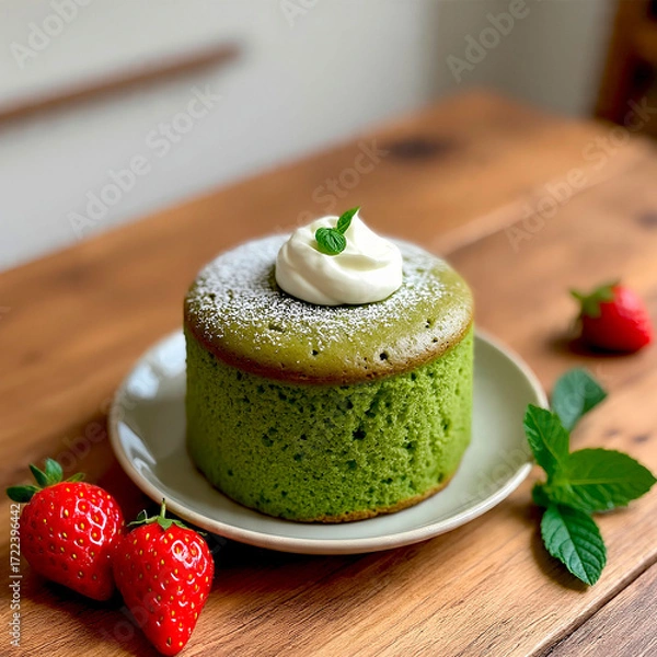 Fototapeta Matcha cake on a plate with cream and strawberries.