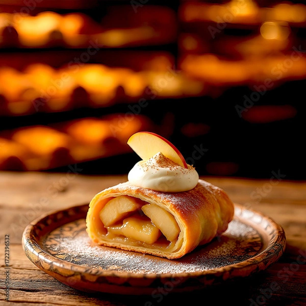 Fototapeta A piece of pear strudel on a plate.