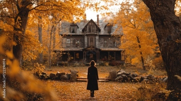 Fototapeta Silhouette of a girl standing in front of haunted house in the autumn forest. Halloween scary scene