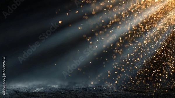 Fototapeta Captivating Light Rays Illuminating Sparkling Particles in Dark Studio Environment