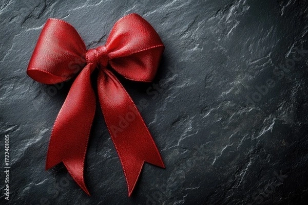Obraz Red satin ribbon bow on dark stone background
