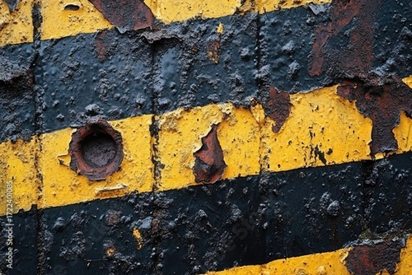 Obraz Weathered Metal Surface With Yellow And Black Stripes