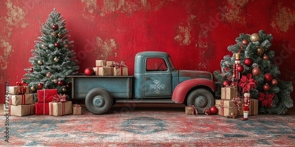 Obraz Rustic Truck Christmas Scene With Decorated Trees and Gifts