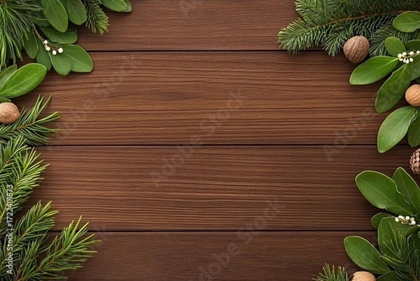 Obraz Festive greenery and nuts frame a wood background