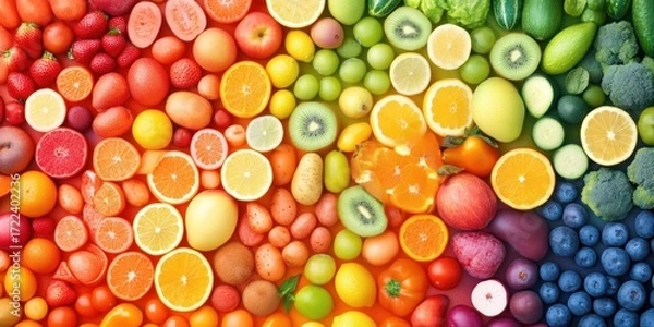 Obraz Rainbow of vibrant fruits and vegetables arranged by color