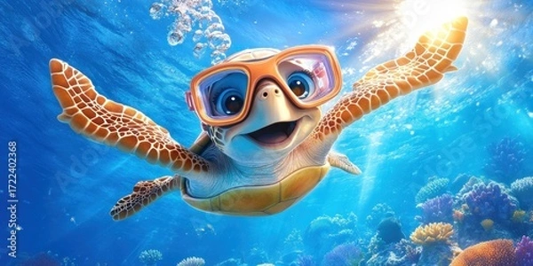 Obraz Happy Turtle Wearing Goggles Swims Underwater