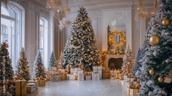 Obraz Elegant Christmas Room Decorated With Gold And White Trees