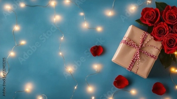 Obraz Romantic gift setting with roses and fairy lights