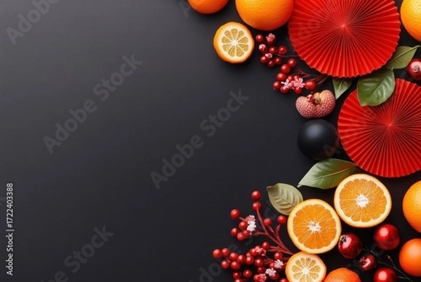 Obraz Festive Citrus Fruits Red Accents Dark Background