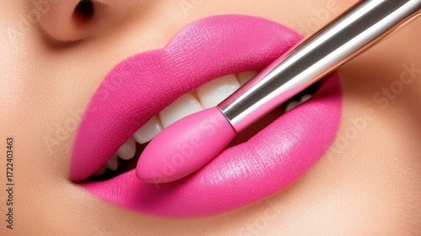 Obraz Close up of pink lipstick application on lips
