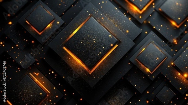 Obraz Abstract Black Diamond Shapes with Golden Glowing Lines