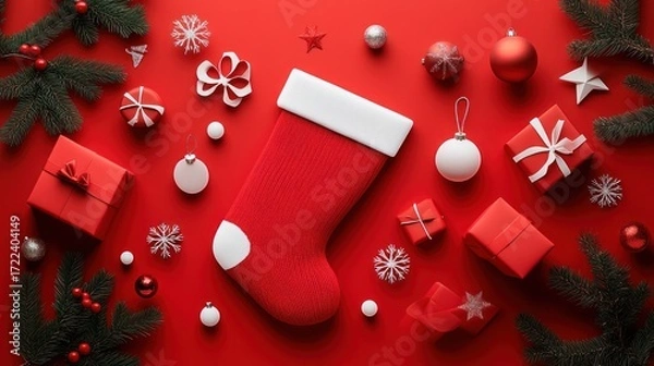 Obraz Festive Christmas Stocking with Gifts and Ornaments