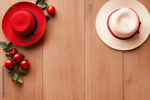 Obraz Red and Beige Hats with Tomatoes on Wooden Background