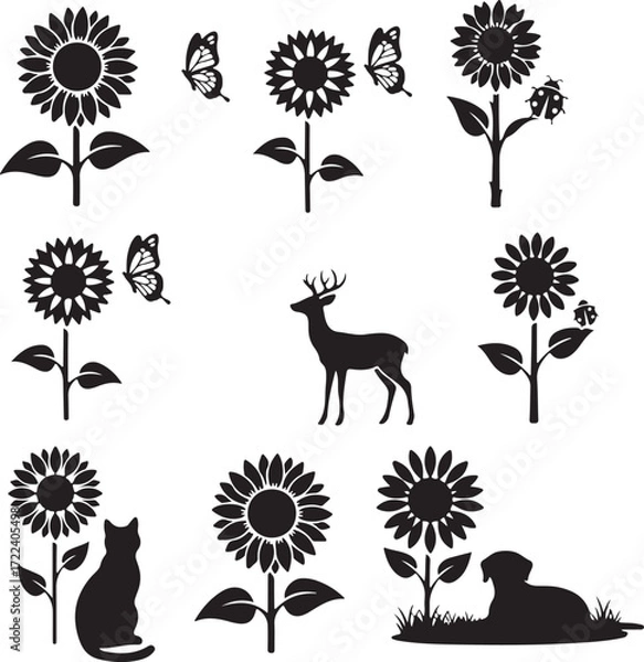 Fototapeta Sunflower Silhouette Set: A collection of minimalist silhouettes, featuring radiant sunflowers, playful butterflies, and friendly animal companions, perfect for adding a touch of nature and elegance.