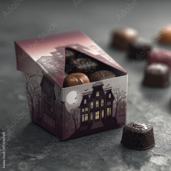 Obraz Decorative Halloween themed chocolate box with spooky haunted house illustration containing assorted chocolates on gray surface with additional chocolates blurred in background