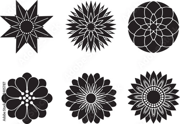 Fototapeta Floral Ornament Designs: A curated collection of six intricate floral ornament designs in bold black and white, offering a symphony of shapes for creative expression.