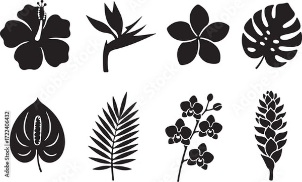 Fototapeta Floral Silhouettes Collection: An artistic display of eight exquisite botanical silhouettes in monochromatic elegance, each a striking depiction of flora and fauna.