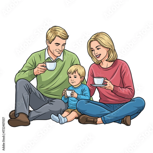 Fototapeta Vector Illustration of Family Sitting with Tea Cups in Modern Minimalist Style Featuring Realistic Human Figures and Warm Colors