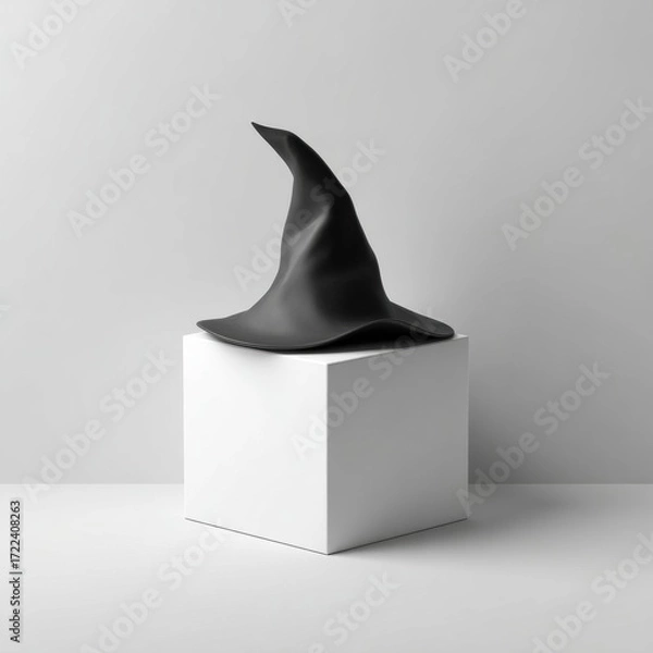 Fototapeta Modern minimalist black sculpture with smooth curved shapes placed on a white pedestal against a plain light gray background for contemporary art display