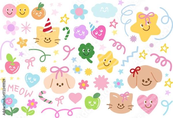 Fototapeta Pastel vector illustrations of cat, puppy, abstract shapes, doodles, star, clover leaf, apple, orange for animal, cartoon character, stickers, spring, summer, toy, cute patch, picnic, nature, garden