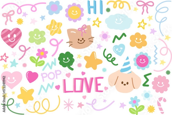 Fototapeta Pastel vector illustrations of cat, puppy, abstract shapes, doodles, star, clover leaf, flowers for animal, cartoon character, stickers, spring, summer, toy, cute patch, picnic, nature, garden