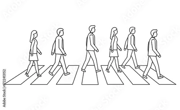 Fototapeta 横断歩道を渡るビジネスパーソンたちの線画イラストアイコン