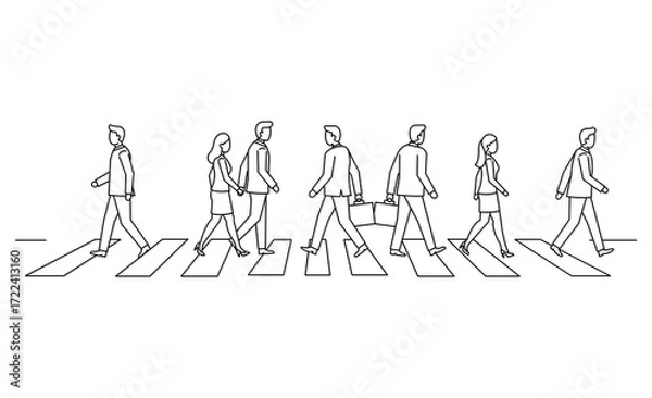 Fototapeta 横断歩道を渡るビジネスパーソンたちの線画イラストアイコン