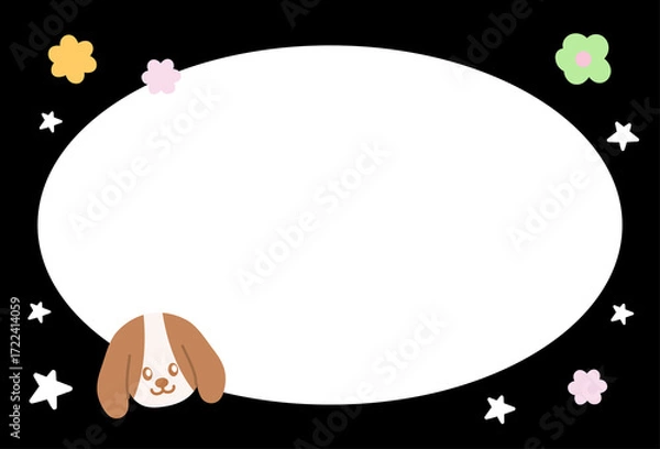 Fototapeta Cute black frame with puppy, stars, flower for polaroid frame, animal, social media, poster, post card, rectangle ad template, book cover, sticky note, banner, name tag, paper, pet, vet, dog lovers